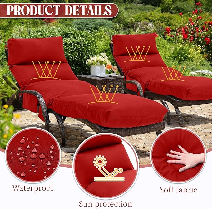 Kigley 2 Pcs Chaise Lounge Cushions, 77.9 x 20.5 x 4.7 Inch Outdoor Lounge Chair Cushions with Pocket, Thick Tufted Patio Recliner Replacement with Ties, Fade Resistant for Pool Furniture (Red)