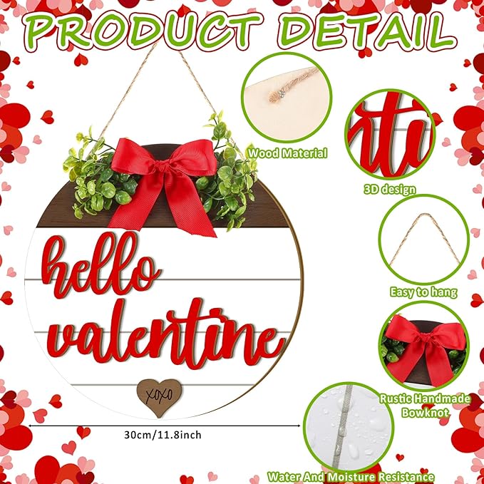 Boao Hello Valentine's Day Wooden Hanging Sign Farmhouse Door Decor Hello Valentine Vintage Heart Red Bow Door Wreath Rustic Wall Plaque Decorations for Window Wall Front Porch Hanger