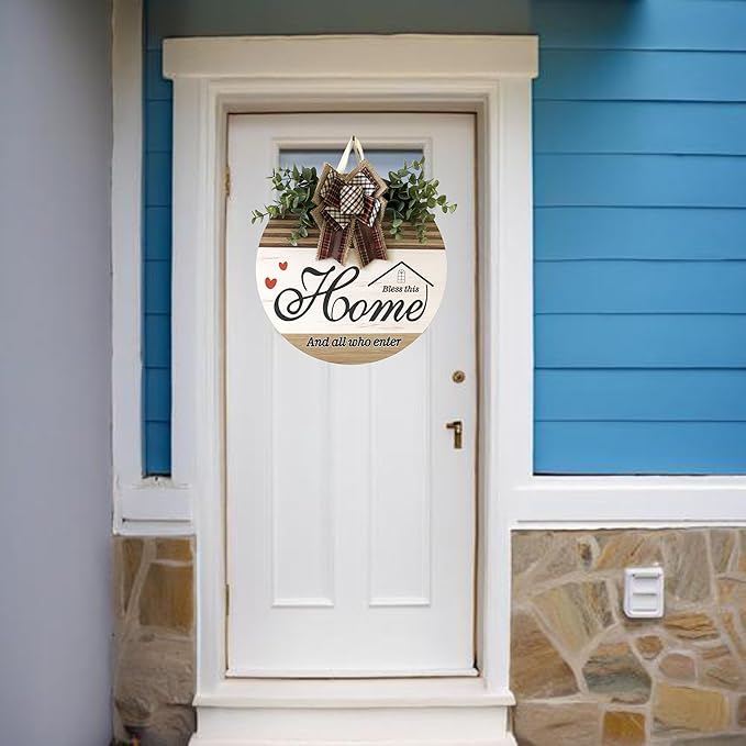 Welcome Sign Front Door Decoration 12 Inch Round Wood Wreath Wall Hanging Outdoor, Farmhouse, Porch, Suitable for Spring Summer Fall Seasons Holidays Christmas (Pink)