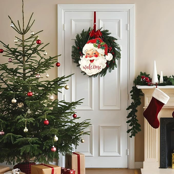 Whaline Christmas Wooden Hanging Sign Red Xmas Santa Welcome Wood Sign Vintage Santa Door Decor Signs for Indoor Outdoor Porch Wall