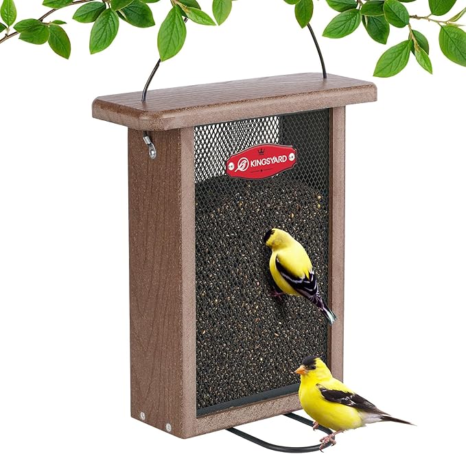 Kingsyard Finch Feeder for Outside Hanging, Metal Mesh Bird Feeders for Thistle/Nyjer Seed, Sliding Mesh & Built-in Perch, Recycled Plastic, Brown