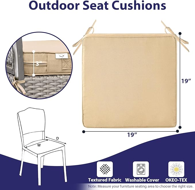 Outdoor Chair Cushions Set of 4 -Waterproof Outdoor Seat Cushions for Patio Furniture, Patio Chair Cushion with Handle and Ties, Square Out Door Chair Pads,19" x 19" x 3", Beige