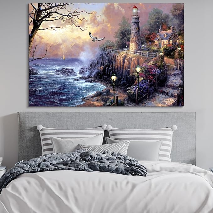 STUDIO HAVEN Thomas Kinkade Canvas Wall Art, Coastal Lighthouse Cottage Ocean Waves Glowing Beacon Seside Pathway Oil Painting Poster Landscape Wall Decor, Framed Prints for Home Decor, 28x20Inch