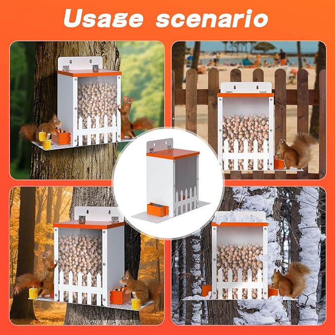 Metal Squirrel Feeders for Outdoors Squirrel Picnic Table Bench Feeders for Hanging Outside Tree Funny House Box Corn Peanuts Nuts Bar for Mini Chipmunk (Orange)