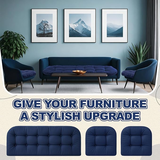 Barydat 3 Pack Wicker Furniture Cushions Waterproof Outdoor/Indoor Tufted Wicker Chair Cushions 1 Loveseat and 2 U-Shape Rattan Chairs for Patio Furniture, Rattan Love Seat, Bench(Navy Blue)