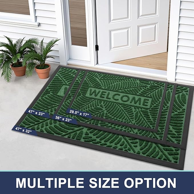 Smiry Welcome Mat Indoor Outdoor, All-Season Waterproof Front Door Mat, Sturdy Natural Rubber Doormat, Non-Slip, Easy Clean, Low Profile Dirt Trapper for Porch Patio Entrance, 29.5x17, Green