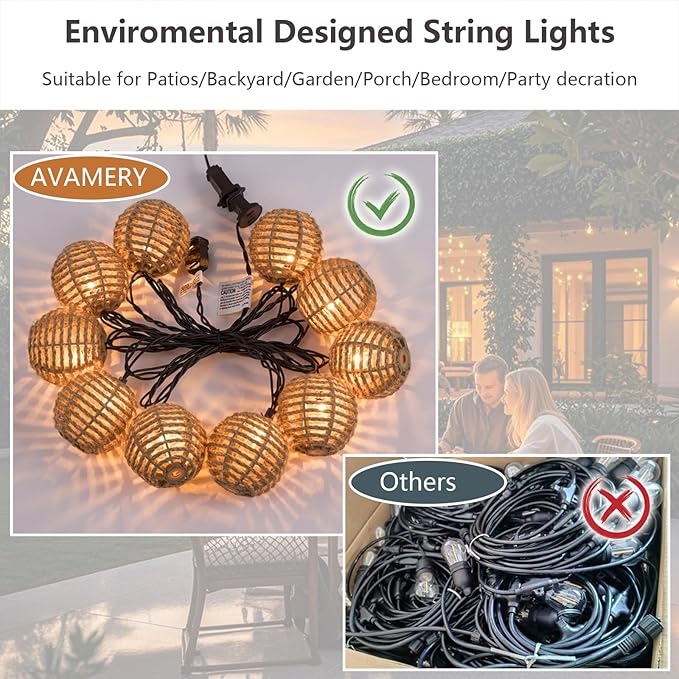 Outdoor-String-Lights-Waterproof, Boho String Lights for Patio, Garden, Porch, Balcony, Gazebo Decorative (Twine Ball)