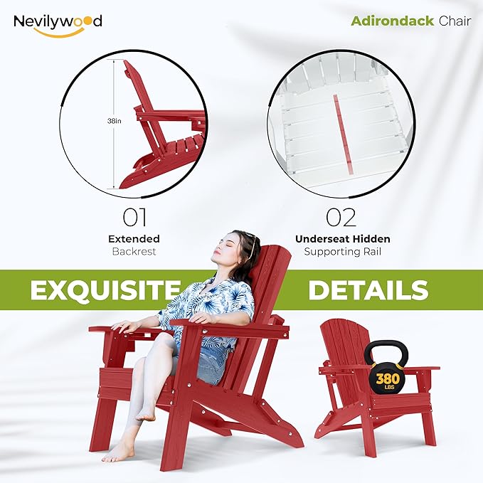 nevilywood Folding Adirondack Chair with Cup Holder Set of 2,HDPE All-Weather Patio Chairs,Plastic Outdoor Chairs- Looks Exactly Like Real Wood- Red