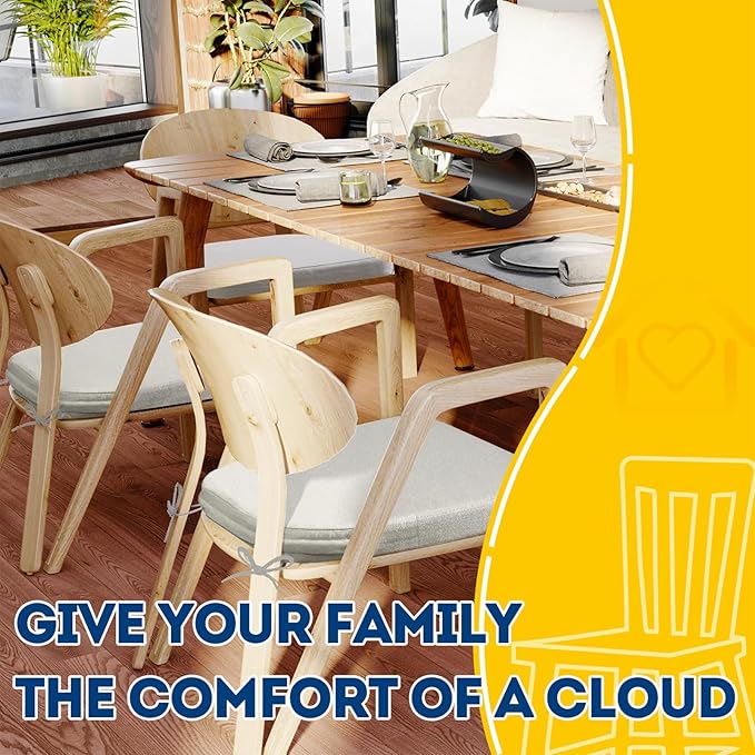 AAAAAcessories D-Shaped Chair Cushions, 2" Thick Dining Chair Pads with Ties and Removable, Machine-Washable Cover, 17" x 16", Natural Linen