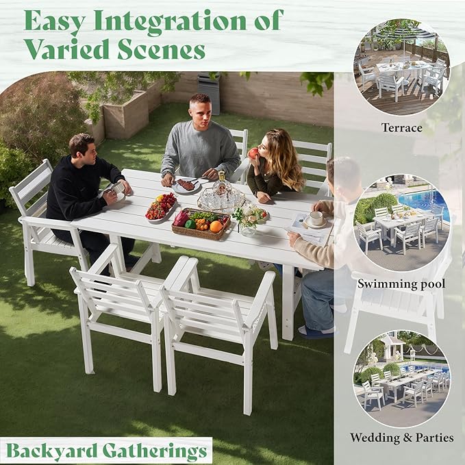 AMERLIFE 7-Piece HDPE Outdoor Dining Set with Umbrella Hole, 71" L Patio Table and Chairs Set for 6, Modern Garden Dining Set for Backyard, Poolside, Porch, White