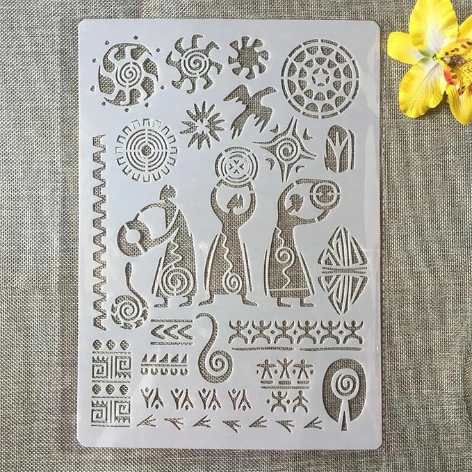 TIAMECH A4 Reusable Ancient Man Stencil for Painting - Tribe Totem Snake Bird Sun Layering Template, DIY Wall Art, Wood Furniture, Scrapbook & Crafts (8.3x11.7inch)