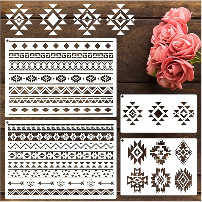 yhslmh Tribal Geometric Stencils for Painting on Wood Furniture Wall Reusable Canvas Aztec Stencil for Crafts Kids Boho Drawing Card Making Pattern Decorative (Aztec)