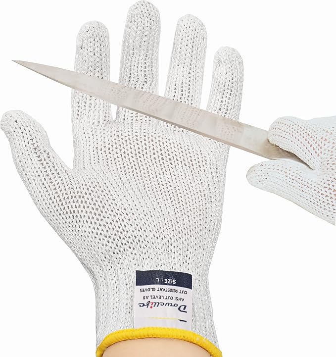 Dowellife Level 8 Reinforced Cut Resistant Gloves, Food Grade, Knife Safety Gloves for Meat Cutting, Oyster Shucking, Fish Fillet, Kitchen Slicing and Wood Carving, White, Large