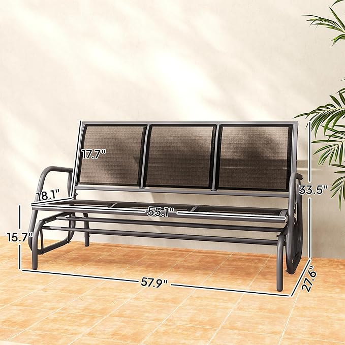 Outsunny 3-Person Patio Glider Bench, Outdoor Porch Glider Swing with 3 Seats, Breathable Mesh Fabric, Metal Frame, Black