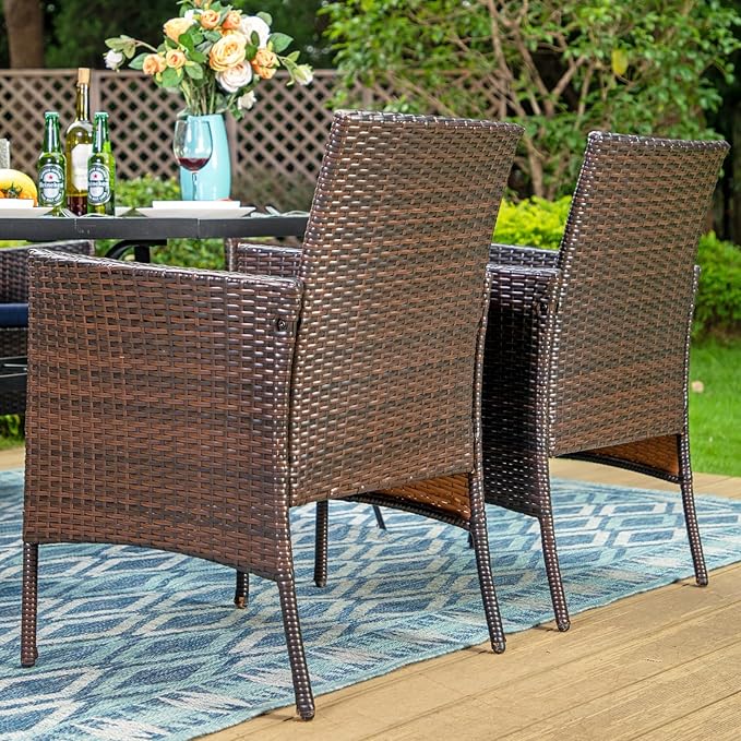 Sophia & William Outdoor Patio 5 Pieces Dining Set with 4 Brown PE Rattan Chairs and 1 Metal Table Square, Modern Outdoor Dining Furniture with Seat Cushions for Poolside, Porch, Patio, Balcony