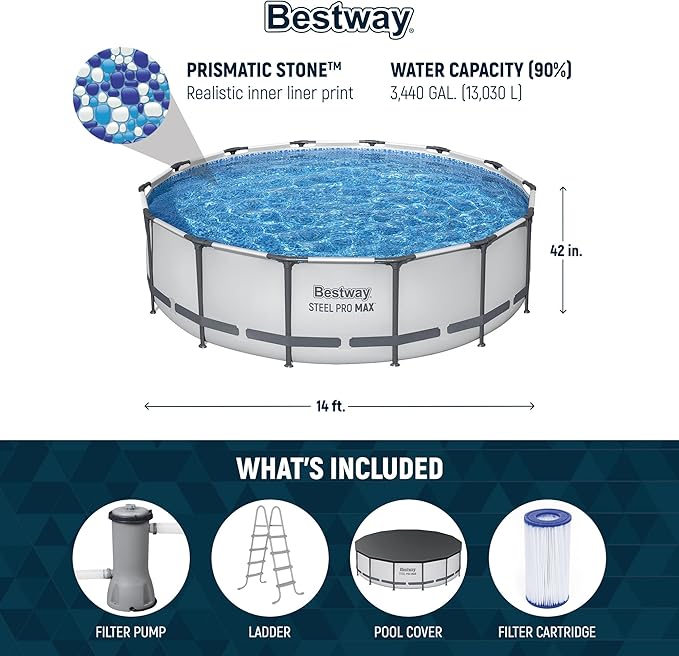 Bestway Steel Pro MAX 14' x 42" Above Ground Pool, Round Metal Frame Outdoor Swimming Pool Set with Filter Pump, Ladder, and Cover, Gray