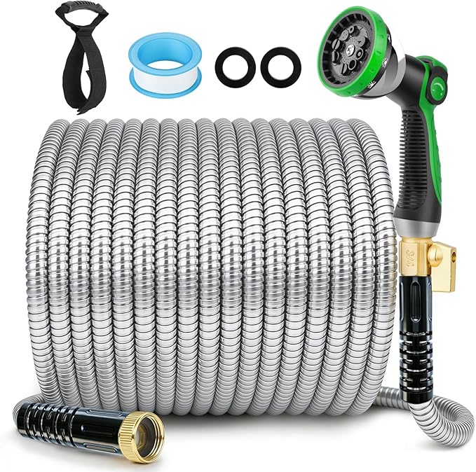 Stainless Steel Garden Hose 50 ft - 304 Stainless Steel Kink-Free Metal Water Hose with Shut-Off Valve & Hose Straps, Heavy Duty, Rust/Puncture Proof for Yard, Lawn and Car Washing, 50 Feet