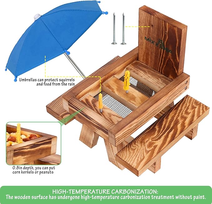 MIXXIDEA Squirrel Feeder Picnic Table with Tall Umbrella, Wooden Squirrel Feeders for Outside, Cute Chipmunk Feeder with Corn Cob Holder, Solid Structure, Thick Wood (Rustic Brown Red Umbrella)