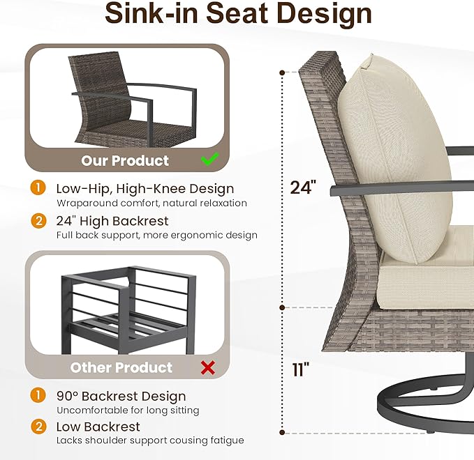 Green4ever Patio Swivel Dining Chairs Set of 2 with 360-Degree Rotating, Metal Outdoor Rocking Chair, All Weather Rattan Patio Chairs for Porch, Bistro, Balcony, Beige