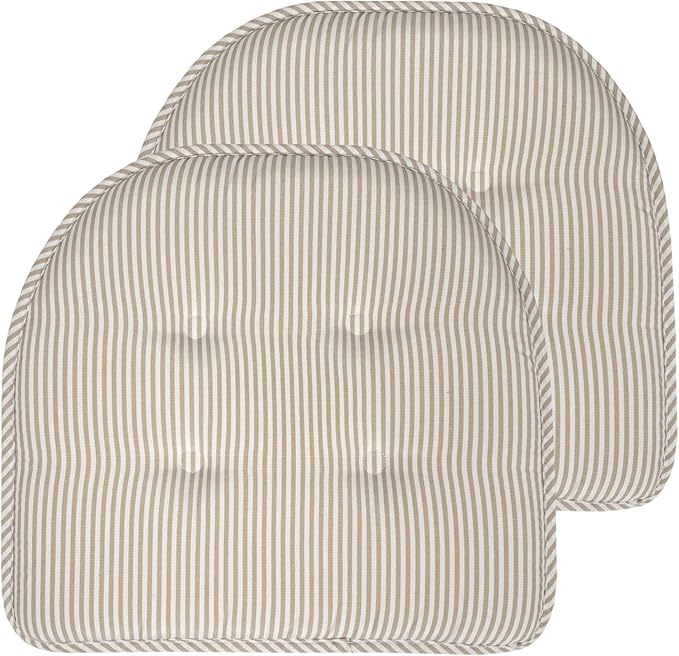 Sweet Home Collection Chair Cushion Memory Foam Pads Tufted Slip Non Skid Rubber Back U-Shaped 17" x 16" Seat Cover, 2 Count (Pack of 1), Pinstripe Taupe
