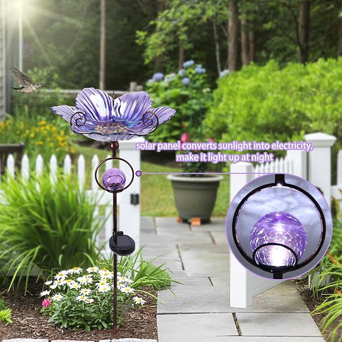 MUMTOP Glass Bird Baths for Outdoors, Flower Bird Baths Bowl with Solar Crackle Glass Globe Lights Decorations and Metal Stake for Outdoor Garden Yard Lawn Outside, Purple
