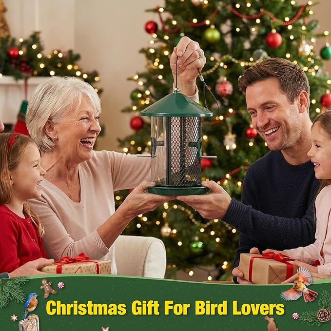 Kingsyard Metal Bird Feeder for Outdoor Hanging - Chew Proof Wild Bird Finch Cardinal Feeder with Dual Chamber of 4 lbs Capacity for Bluebird, Green