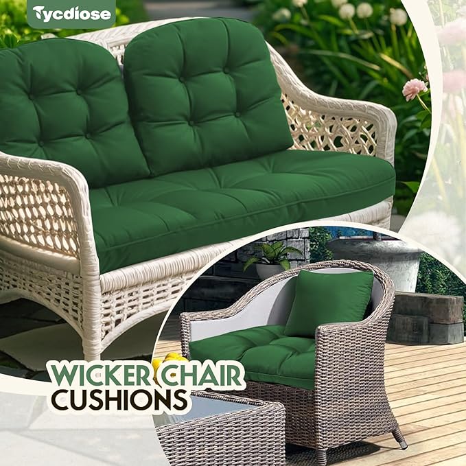 All Weather Outdoor Wicker Chair Cushions of 3 Pieces, Waterproof Outdoor Wicker Chair Cushion for Patio Furniture Loveseat Settee Bench, 1 Loveseat and 2 U-Shaped Thickened Cushions, Green