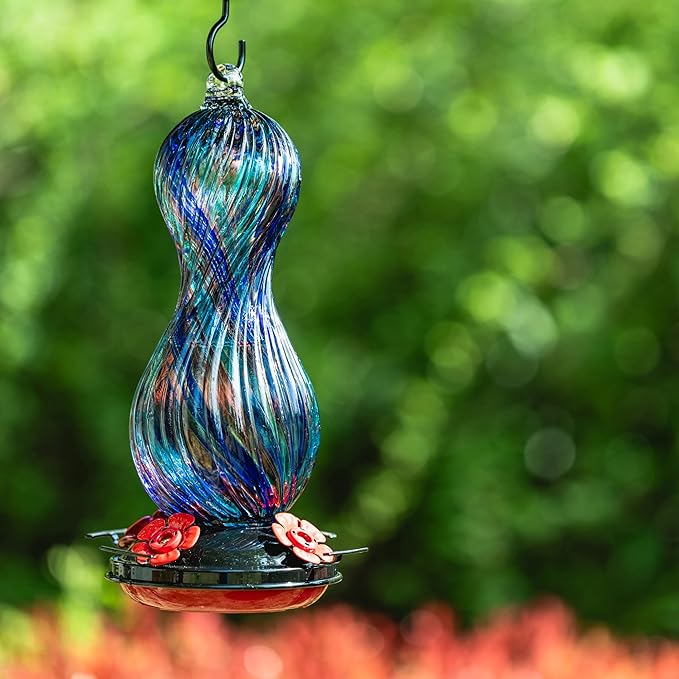 Hummingbird Feeder for Outdoors Hanging, Hand Blown Glass 24 OZ Capacity Hummingbird Bird Nectar Feeders with 4 Feeding Ports, Gifts for Women Mom Outside Garden Backyard Decor