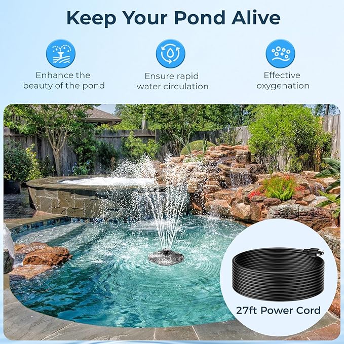 POPOSOAP Floating Pond Fountain with RGB LED Lights, 660GPH Pond Pump 30Ft Cable Length with 3 Modes Sprinkler & 65.6Ft Mooring Line, Floating Fountain for Outdoor Pond