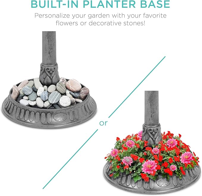 Best Choice Products Solar Outdoor Bird Bath Vintage Resin Pedestal Fountain Decoration for Yard, Garden w/Planter Base, Feeder, Decorative Bird Cage, Fillable Stand - Stone
