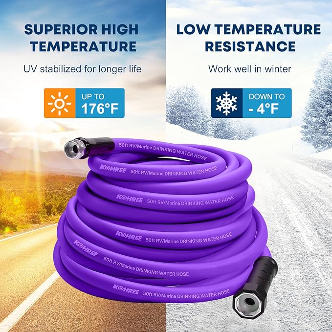 Kohree 50FT RV Water Hose with Storage Bag, 5/8'' Premium Drinking Water Hose, Leak-free, No Odor, Anti-Kink and Flexible Garden Hose for RV, Camper, Truck, Car - Purple