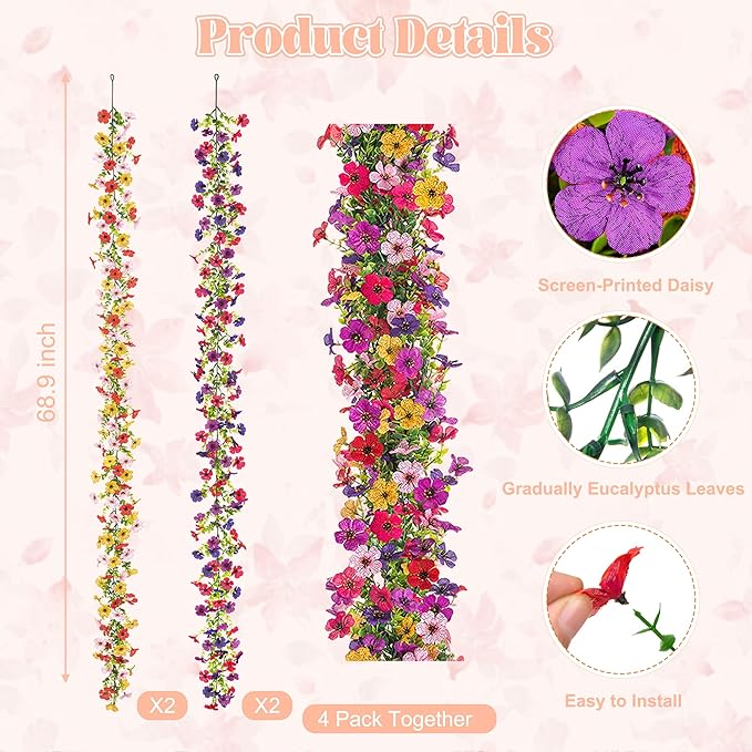 Artificial Flowers Garland Ivy, 4 Pack 5.9 FT Spring Summer Decor UV Resistant Fake Mums Floral Vine Silk Daisy Hanging Flower for Home Garden Wedding Decor Photo Booth Backdrop(Mix)