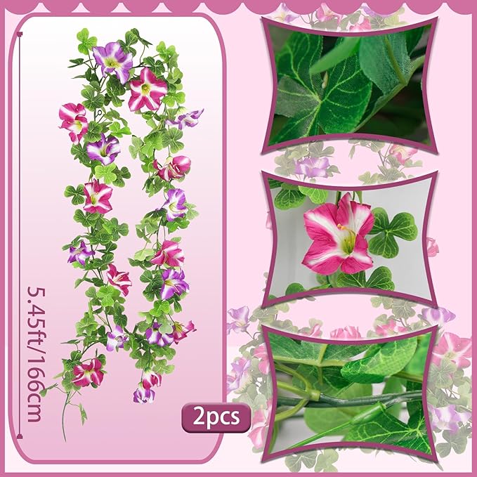2 Pcs Artificial Flowers Vines Outdoors Silk Petunias Garland Purple Fuchsia Spring Flowers Garland for Mantle 11 FT Fake Morning Glory Hanging Vines for Mailbox Fence Wedding Banquet Decor