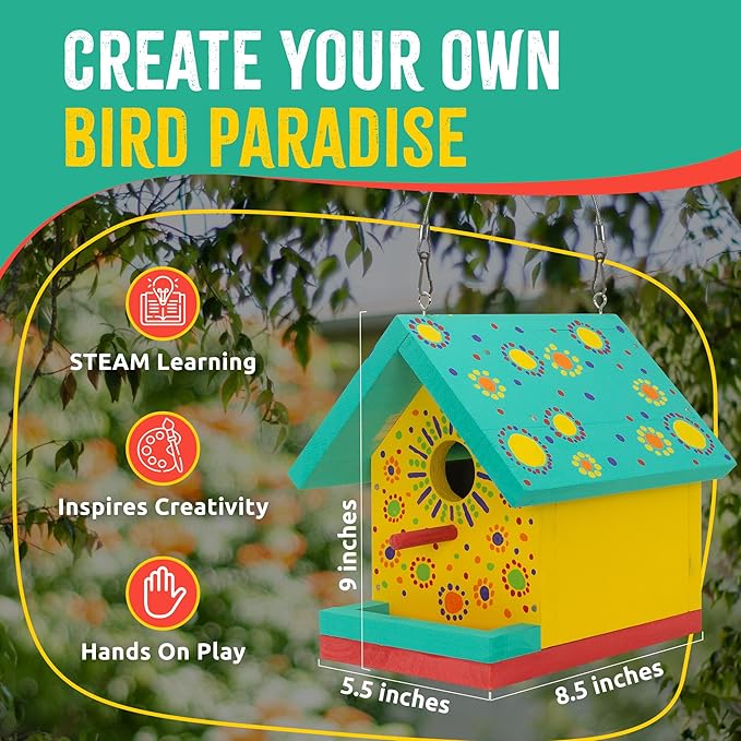 SparkJump Jr Bird House Kit, DIY Cedar Wood Birdhouse for Outdoors with Paint, Fun for Kids & Adults, Bird House Making Kit for All Ages (1-Pack)