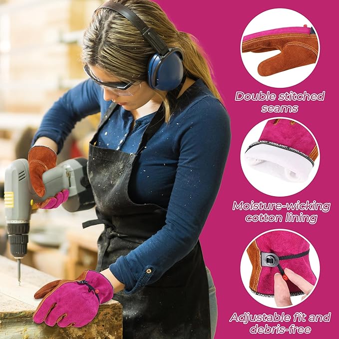 HANDLANDY Leather Work Gloves for Men and Women, Utility Tough Cowhide Glove