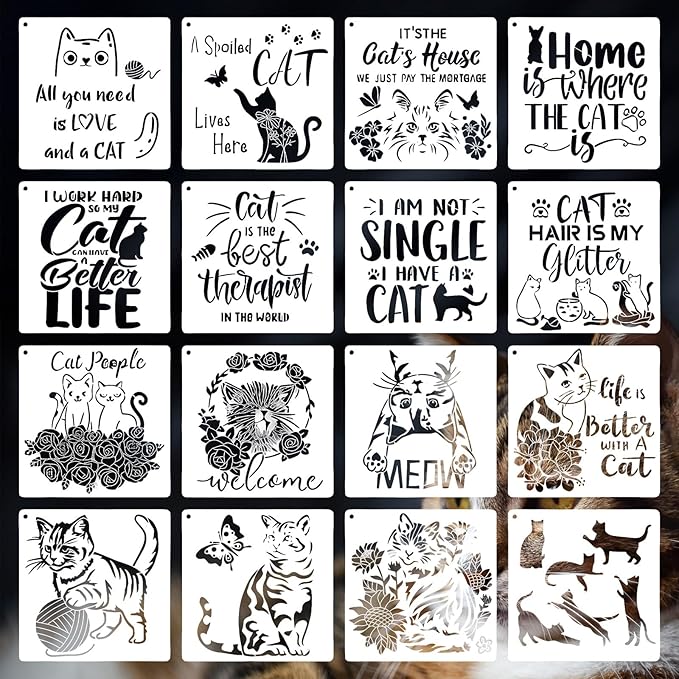 16 PCS Cat Stencils for Painting, Stencils for Crafts Reusable 8 x 8 Inch Quote Kitty Templates for Wood Signs Walls Canvas and Gifts for Cat Lovers