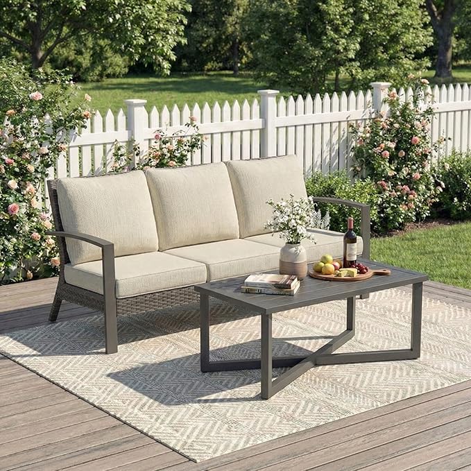 Green4ever Patio Sofa with Coffee Table, Wicker Outdoor Couch with Cushions for Pool, Porch, Beige