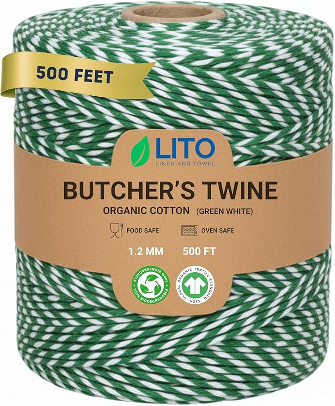 Green and White Organic Twine Cotton String - 500 Feet Wrapping, Baking, Butcher, Crafts, DIY Projects, Easter, Christmas