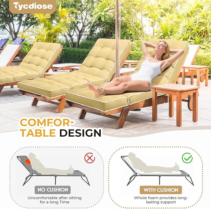 Outdoor Chaise Lounge Chair Cushion, Waterproof Non-Slip Patio Chaise Lounge Cushions for Outdoor Furniture, Thickened Patio Pool Lounger Chair Cushion, 76.4 x 22.8 x 4.7 Inches, Khaki