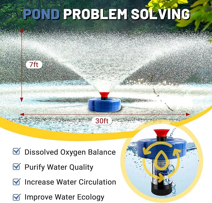 Pond Aerator Fountain, 15000 GPH 1HP 110V 750W Floating Fountain Pump, Fit for Large Small Outdoor Ponds Lakes - with 100 Feet Power Cord & Timer Fully Automatic Stainless Steel Aerator