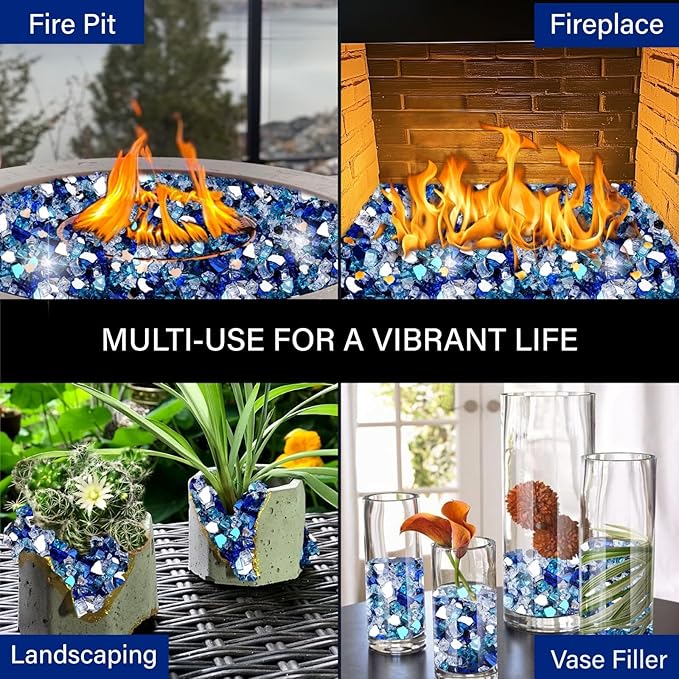NUPICK 20 Pound Fire Glass for Fire Pit, 1/2 Inch Tempered Mixed Fire Glass in Bahama Blend for Propane Fire Pit & Gas Fireplace, Blue and White Fire Glass Rock