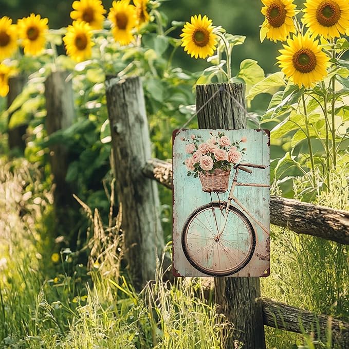 Bike Vintage Tin Sign Bike with Flower Red Rose Funny Tin Sign Summer Wall Decor Farmhouse Decor for Home Cafes Office Store Pubs Club Sign Plaque Metal Tin Sign 12x16inch