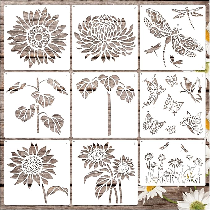 Large Flower Stencils for Wood Fence Outdoors Sunflower Floral Garden Fence Stencil for Painting on Walls Lace Crafts Reusable Home Canvas Furniture Paper (floral9)