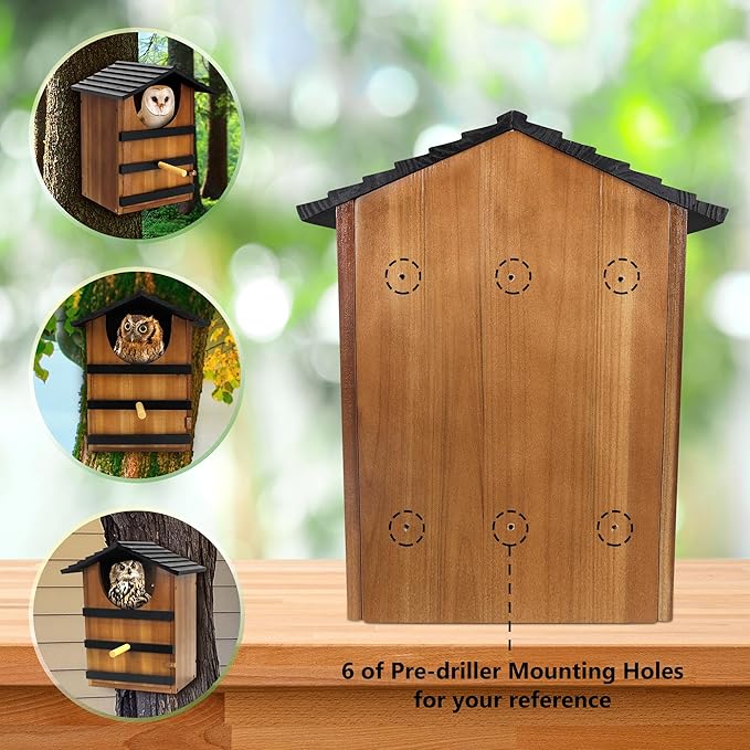 KOOPRO Screech Owl House for Outdoors, Large Barn Owl Nesting Box Wooden Bird House for Outside with Shavings Bird House, 14.5×9.4×7.8 Inches Easy Assembly Required