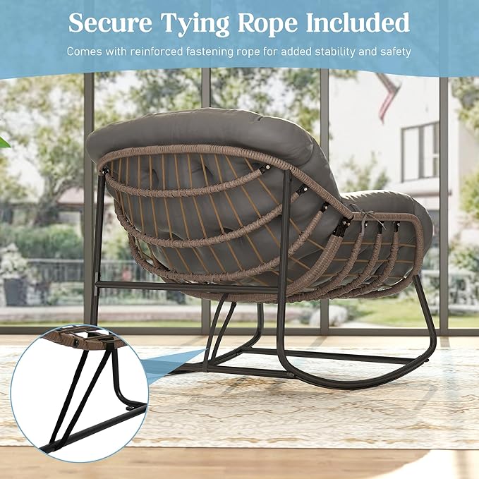 Fancyango Oversized Egg Rocking Chair for Indoor/Outdoor – All-Weather Wicker Rattan Lounge Chair with Cushion, Patio Rocker for Porch, Garden, or Balcony (Grey, 37''Dx37.4''Wx31.5''H)