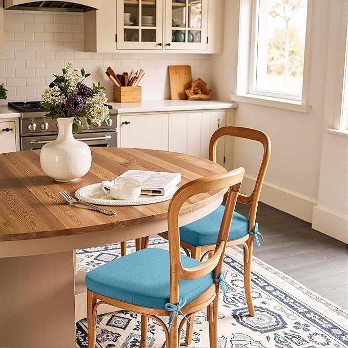Chair Cushions for Dining Chairs, D-Shaped Seat Cushions with Removable Washable Cover and Ties, Chair Pads for Kitchen, Indoor Dining Room, Patio Chairs, 17'' x 16'', Set of 6, Blue