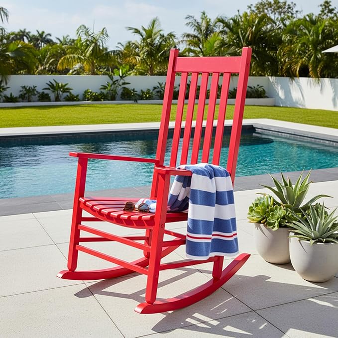 Shine Company Vermont Porch Rocker, High Back Wood Rocking Chair, Chili Pepper
