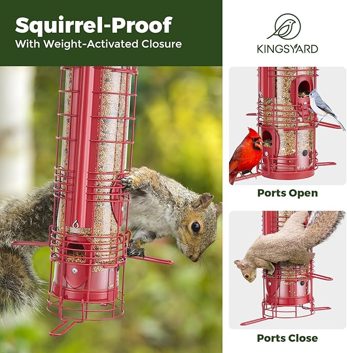Kingsyard Squirrel Proof Bird Feeder for Outside Hanging, Weight-Activated All-Metal Wild Bird Feeders for Cardinal Finch, Detachable Base Easy to Clean, 3 LBS Capacity,Red