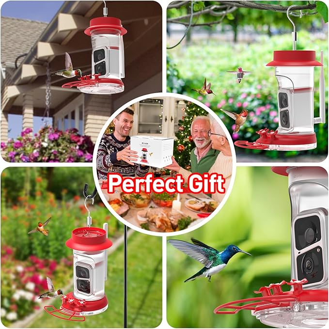 Soliom Hummingbird Feeder with Camera, Smart Bird Feeder Camera with 2K Live View AI Identify Species, Leak Proof & Ant Moat & Bee Proof, Outdoor Pole/Hook Hanging, 16 OZ Ideal Gifts for Family-Red