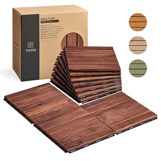 10 Pcs Deck Tiles, Patio Flooring - Outdoor Waterproof Acacia Wood Tiles for All Weather Use - Balcony, Backyard, Indoor & Outdoor (Dark Brown Striped Pattern, 10 Square Ft)